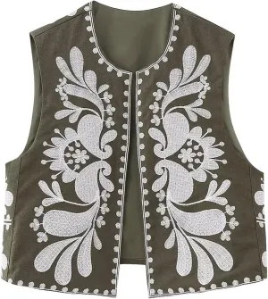 Women Embroidered Floral Vest Top Vintage Sleeveless Linen Open Front Cardigan Cropped Vest Shirt