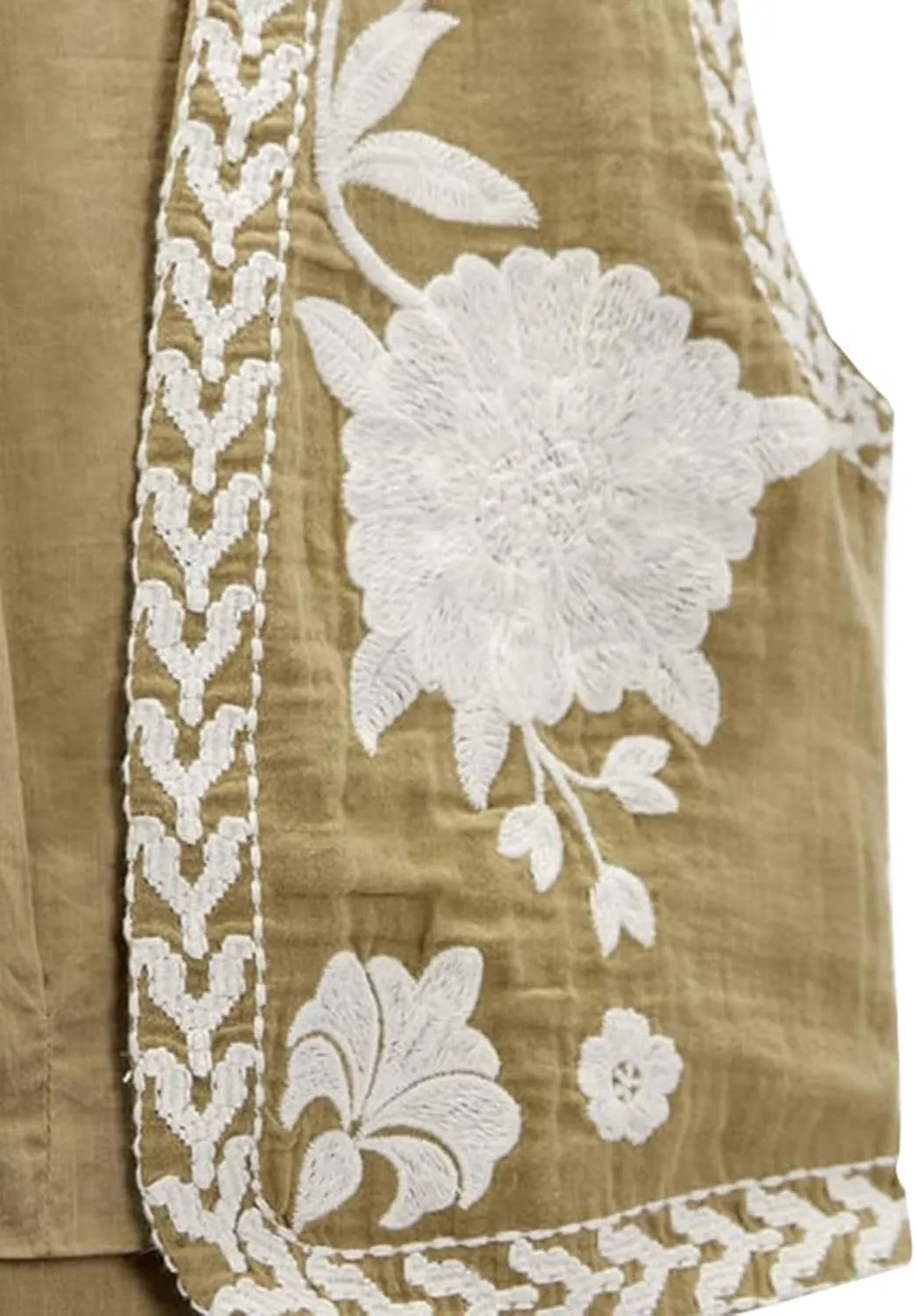 Women Embroidered Floral Vest Top Vintage Sleeveless Linen Open Front Cardigan Cropped Vest Shirt
