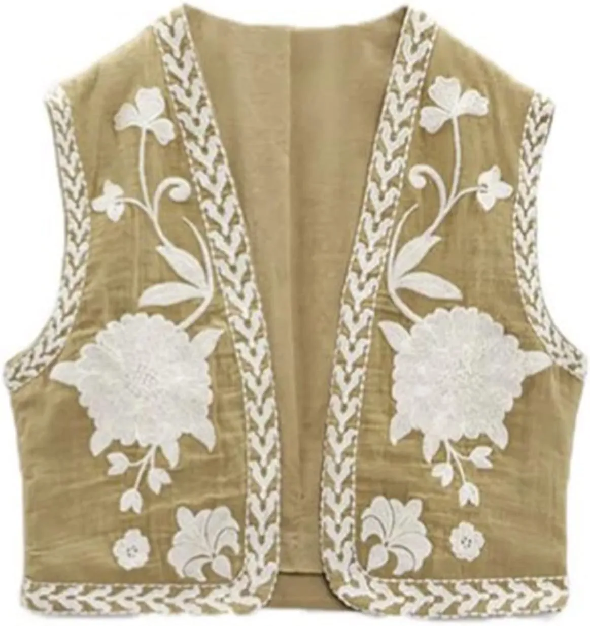 Women Embroidered Floral Vest Top Vintage Sleeveless Linen Open Front Cardigan Cropped Vest Shirt