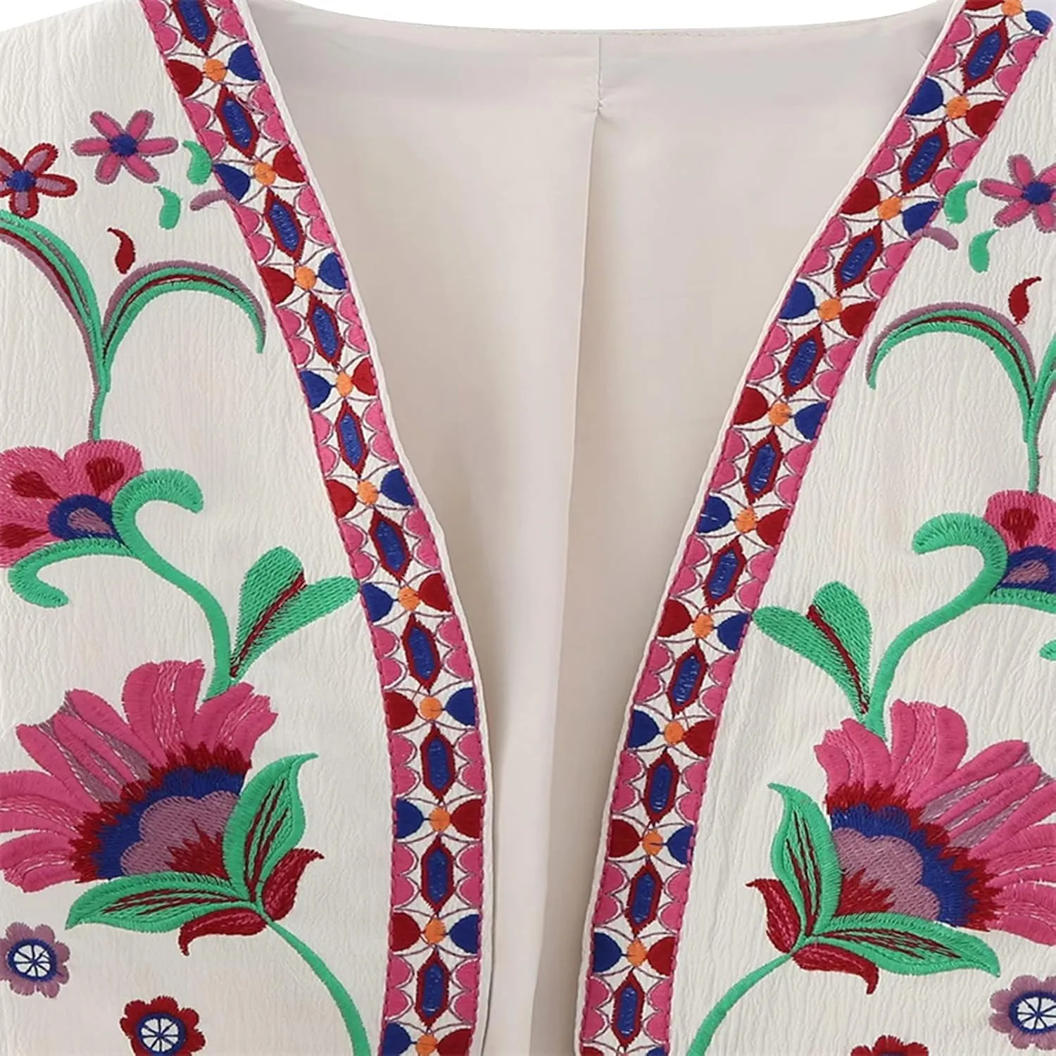 Women Embroidered Floral Vest Top Vintage Sleeveless Linen Open Front Cardigan Cropped Vest Shirt