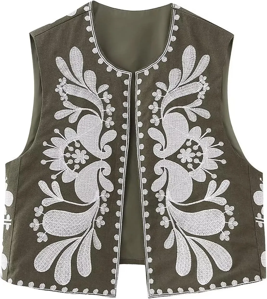 Women Embroidered Floral Vest Top Vintage Sleeveless Linen Open Front Cardigan Cropped Vest Shirt