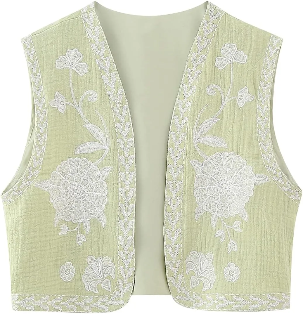 Women Embroidered Floral Vest Top Vintage Sleeveless Linen Open Front Cardigan Cropped Vest Shirt