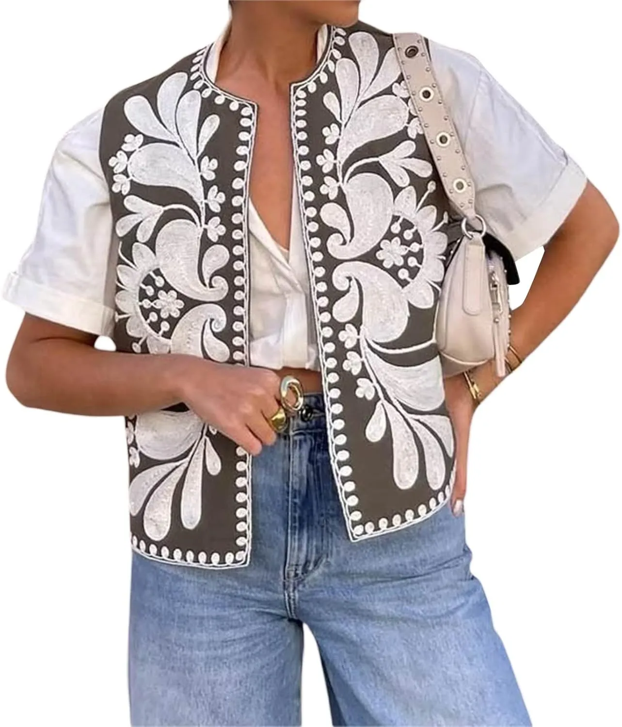 Women Embroidered Floral Vest Top Vintage Sleeveless Linen Open Front Cardigan Cropped Vest Shirt