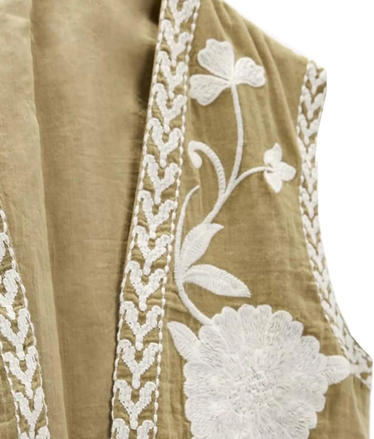Women Embroidered Floral Vest Top Vintage Sleeveless Linen Open Front Cardigan Cropped Vest Shirt