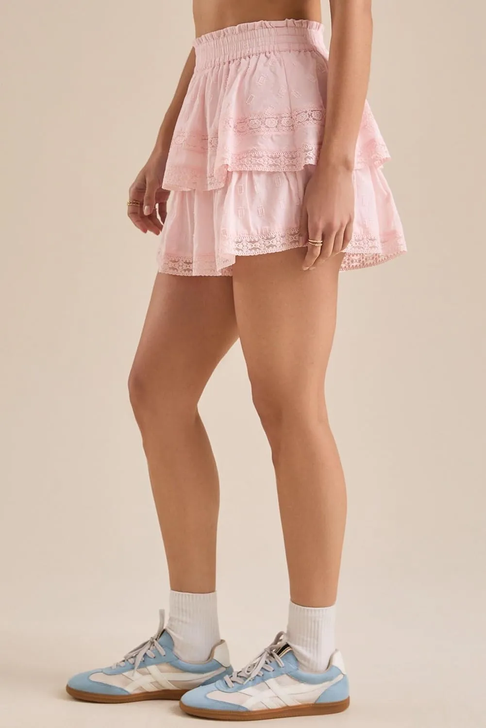Women Layered Lace Shorts Floral Print Elastic Waist Ruffle Tiered Short Y2k Flowy Skort Beach Going Out