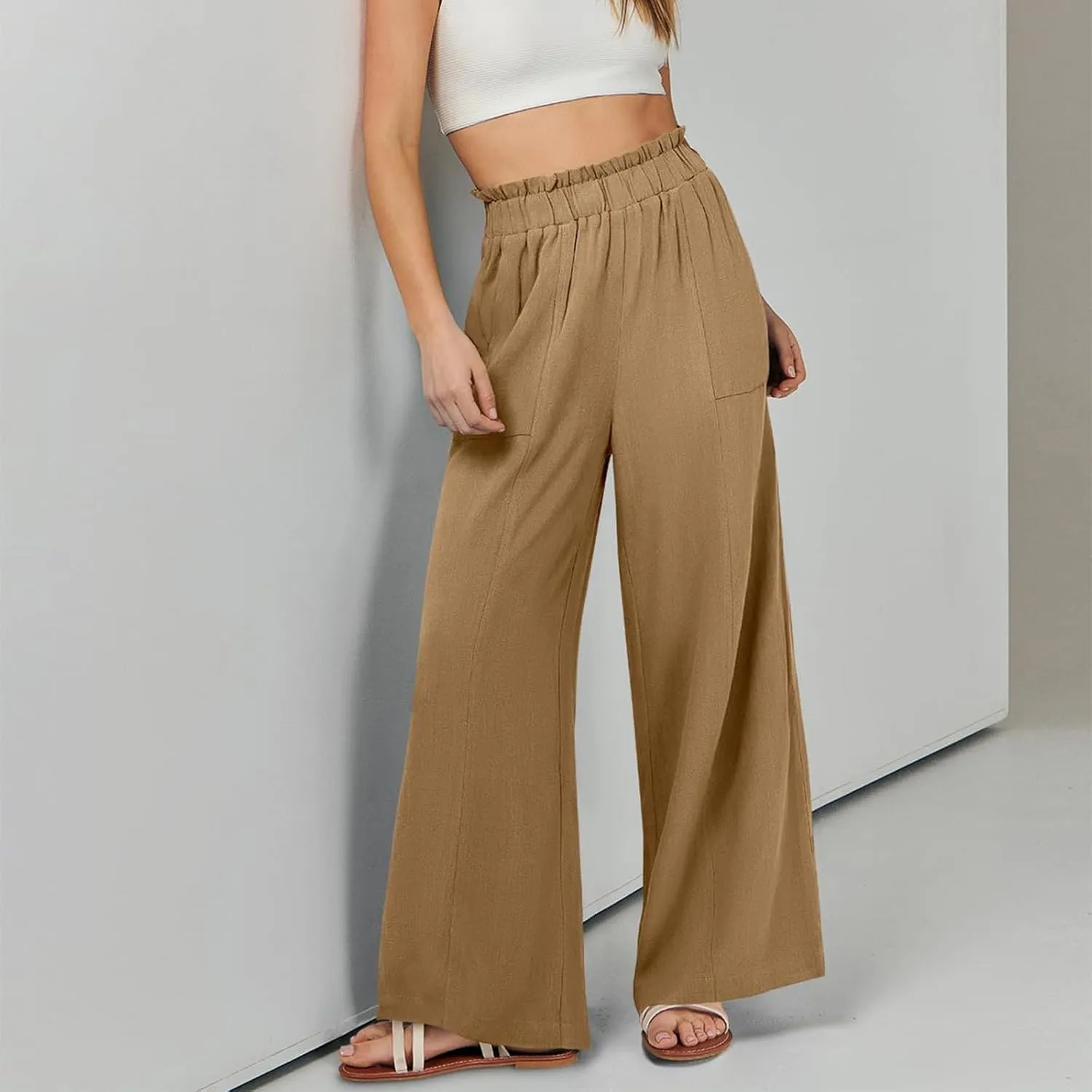 Women Linen Pants Summer Wide Leg Pants with Pockets Ruffle Palazzo Pants Flowy Boho Beach Pants Lounge Pant