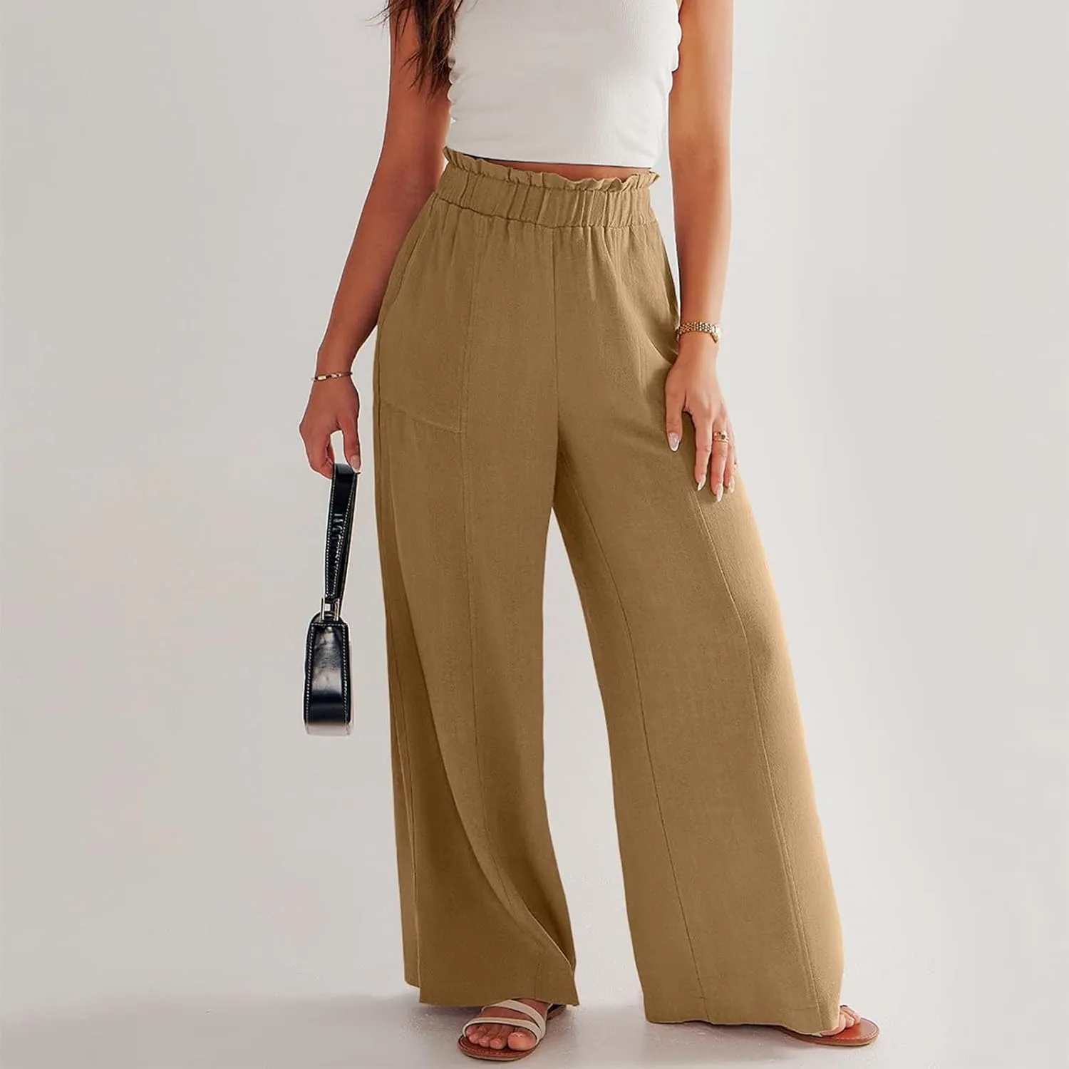 Women Linen Pants Summer Wide Leg Pants with Pockets Ruffle Palazzo Pants Flowy Boho Beach Pants Lounge Pant