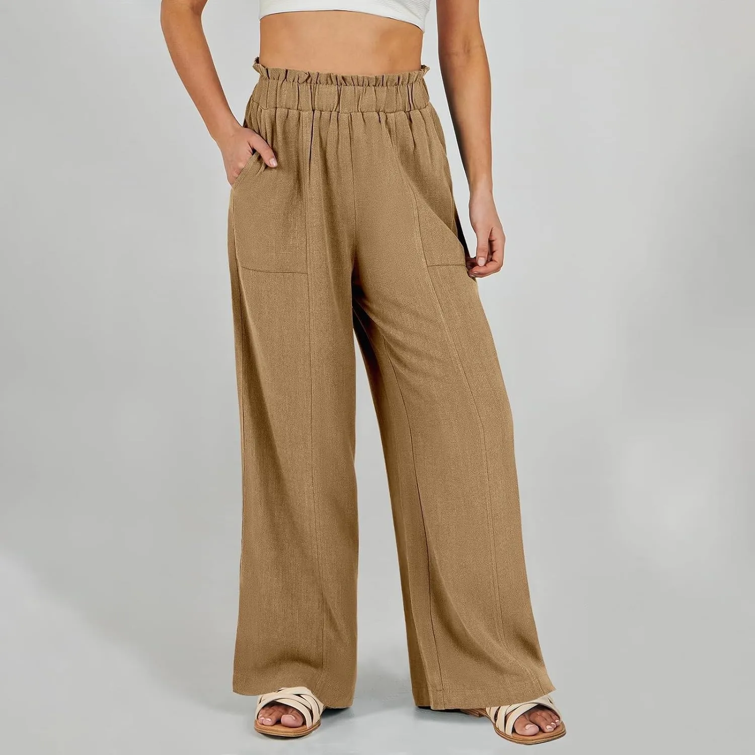 Women Linen Pants Summer Wide Leg Pants with Pockets Ruffle Palazzo Pants Flowy Boho Beach Pants Lounge Pant