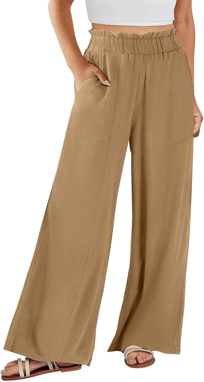 Women Linen Pants Summer Wide Leg Pants with Pockets Ruffle Palazzo Pants Flowy Boho Beach Pants Lounge Pant