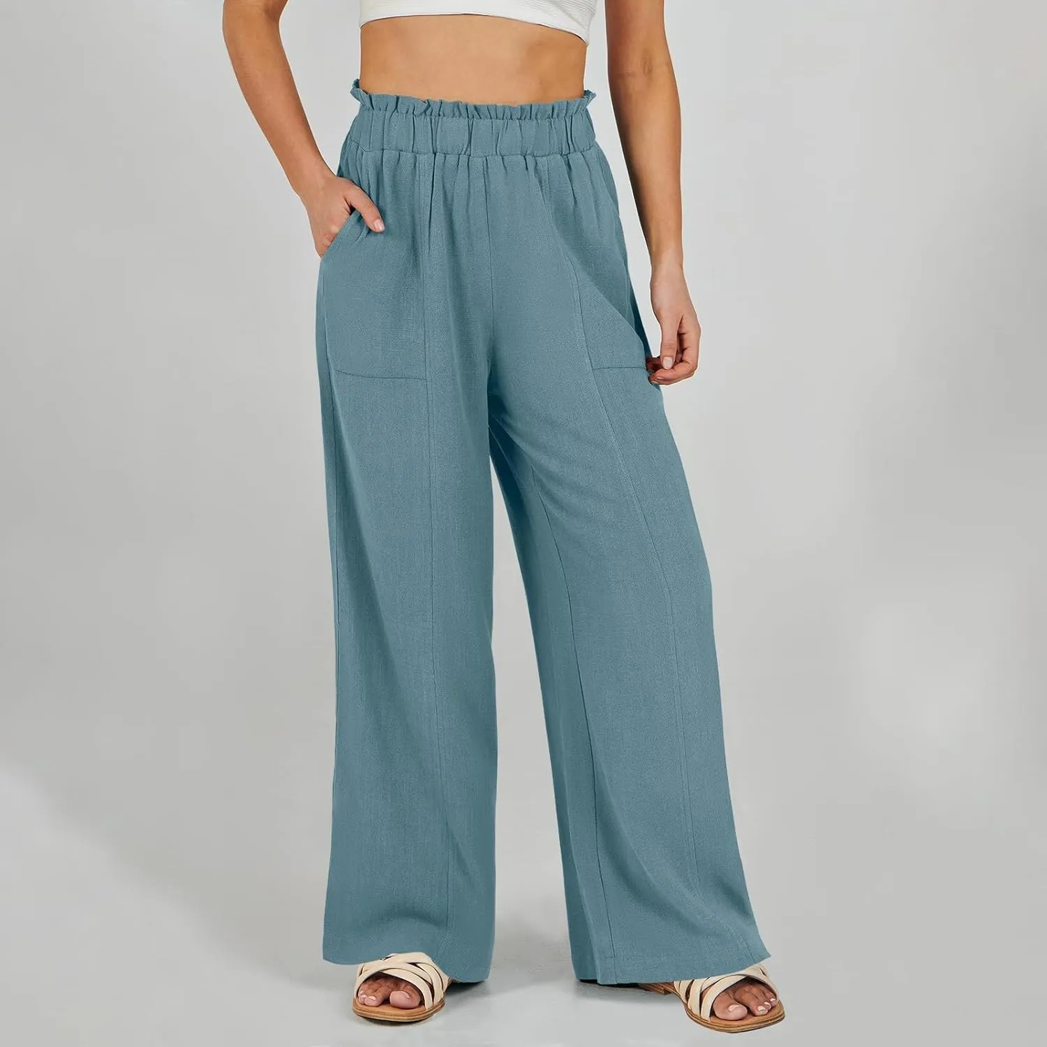 Women Linen Pants Summer Wide Leg Pants with Pockets Ruffle Palazzo Pants Flowy Boho Beach Pants Lounge Pant