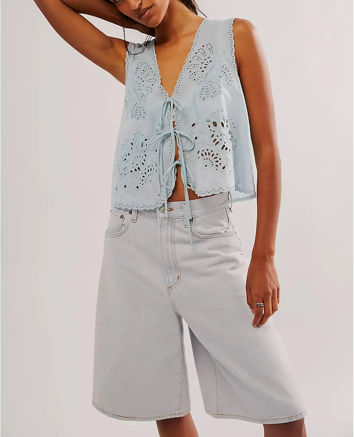 Women Tie Front Vest Floral Eyelet Embroidered Tank Y2K Sleeveless V Neck Crop Shirt Top Cute Going Out Tops