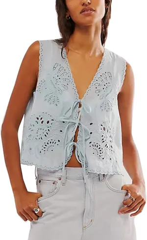 Women Tie Front Vest Floral Eyelet Embroidered Tank Y2K Sleeveless V Neck Crop Shirt Top Cute Going Out Tops