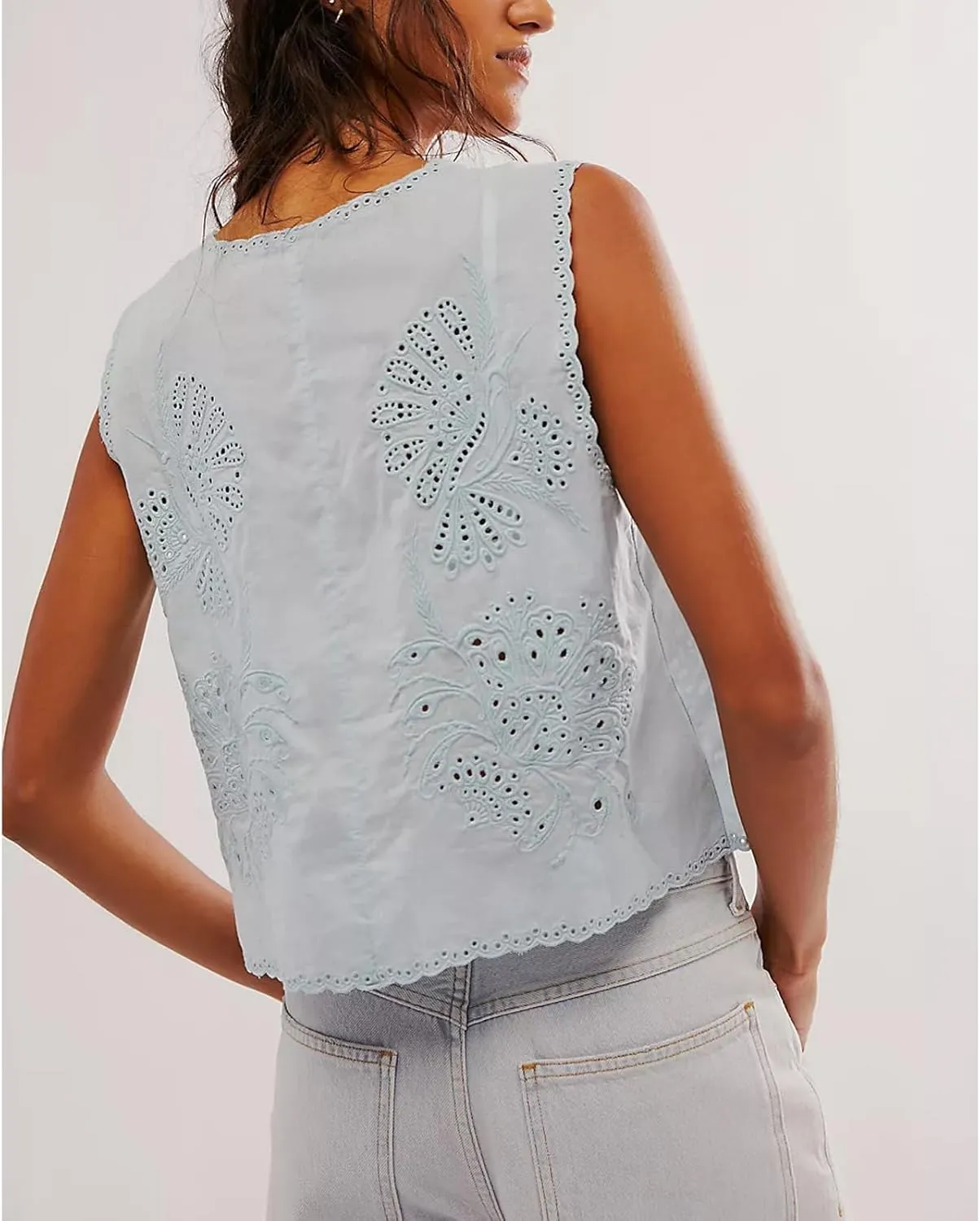 Women Tie Front Vest Floral Eyelet Embroidered Tank Y2K Sleeveless V Neck Crop Shirt Top Cute Going Out Tops