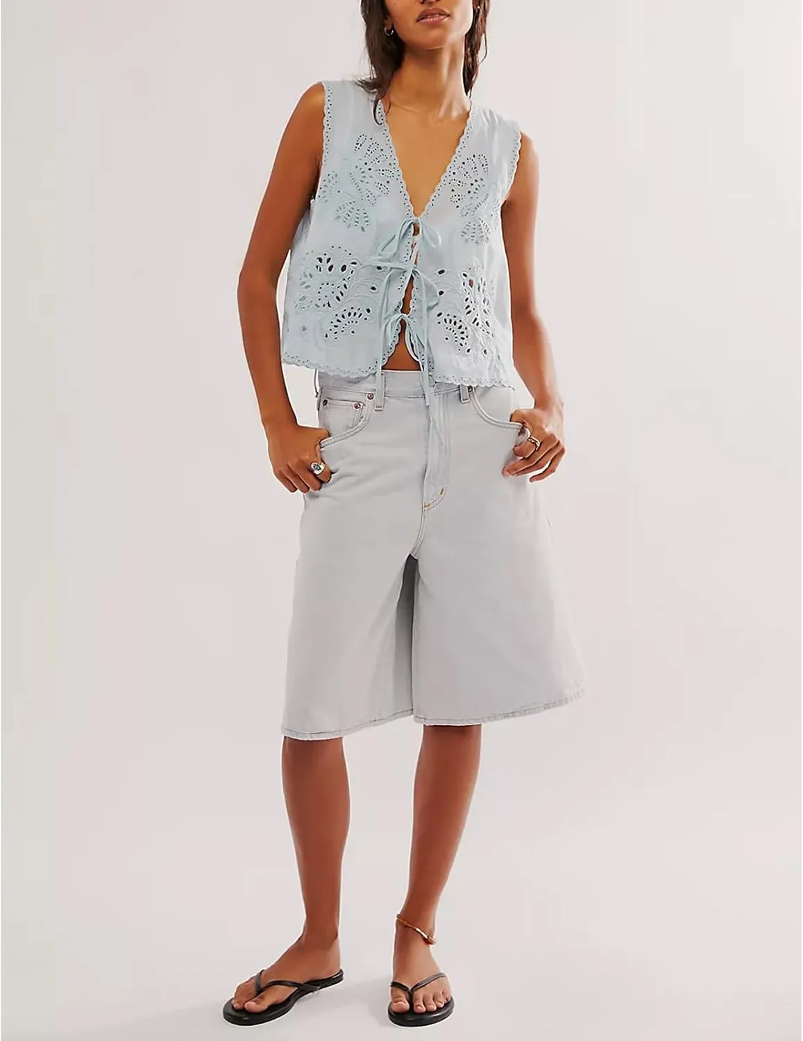 Women Tie Front Vest Floral Eyelet Embroidered Tank Y2K Sleeveless V Neck Crop Shirt Top Cute Going Out Tops