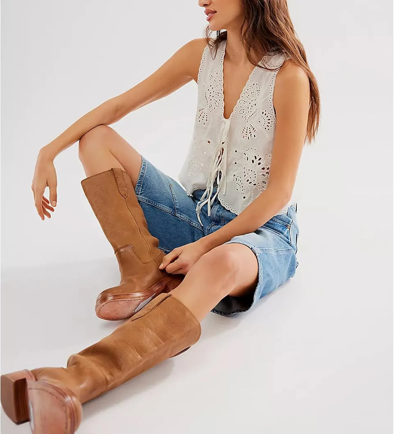 Women Y2k Embroidered Floral Front Tie Up Tank Vest Summer V Neck Cute Eyelet Going Out Crop Tops Blouse Shirts