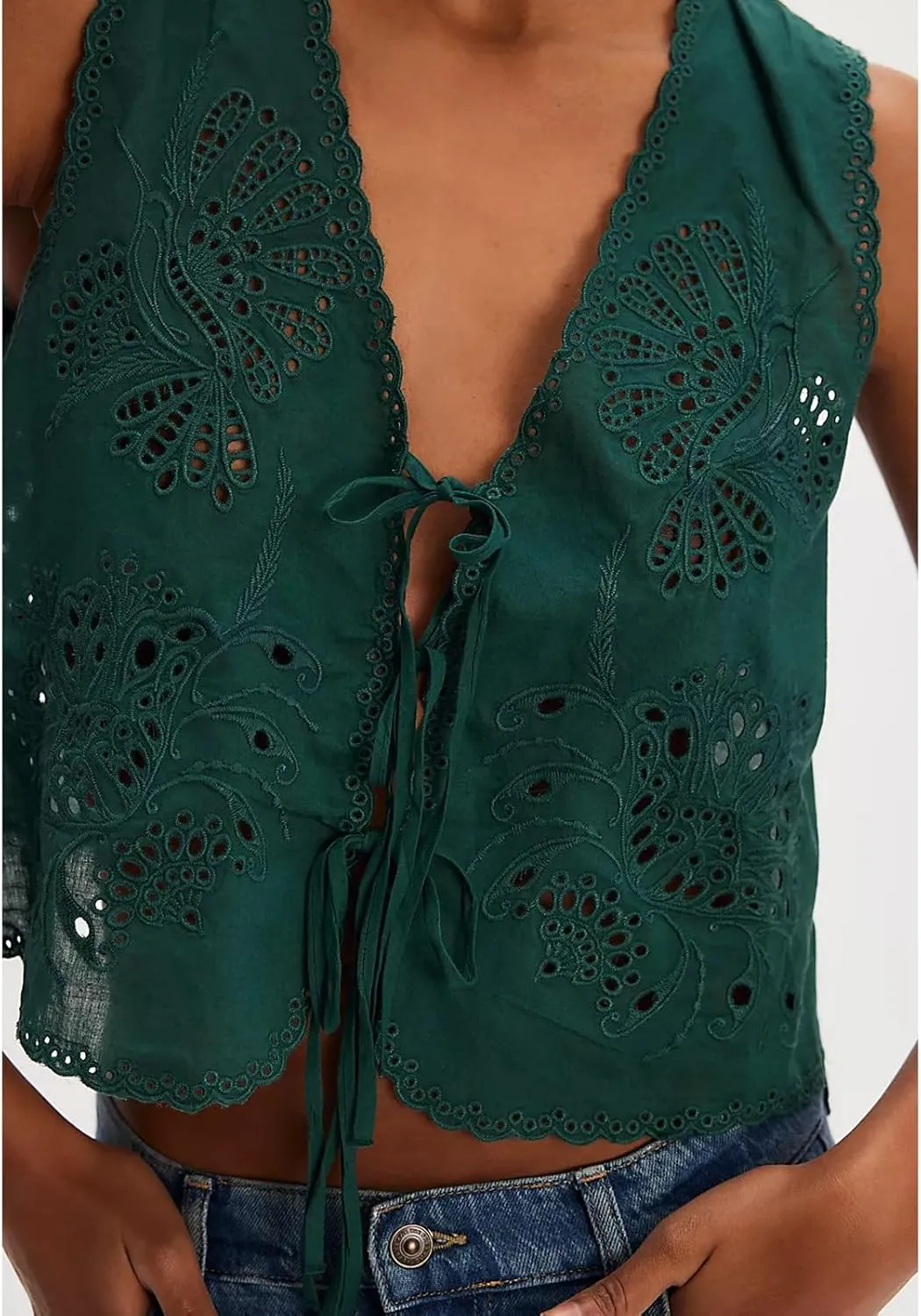 Women Y2k Embroidered Floral Front Tie Up Tank Vest Summer V Neck Cute Eyelet Going Out Crop Tops Blouse Shirts
