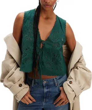 Women Y2k Embroidered Floral Front Tie Up Tank Vest Summer V Neck Cute Eyelet Going Out Crop Tops Blouse Shirts