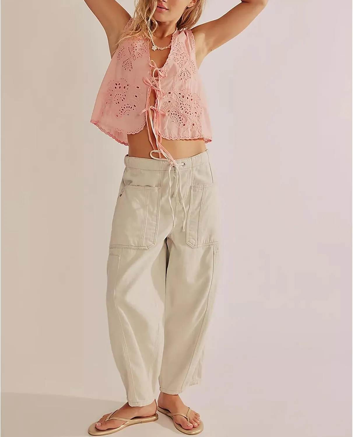 Women Y2k Embroidered Floral Front Tie Up Tank Vest Summer V Neck Cute Eyelet Going Out Crop Tops Blouse Shirts