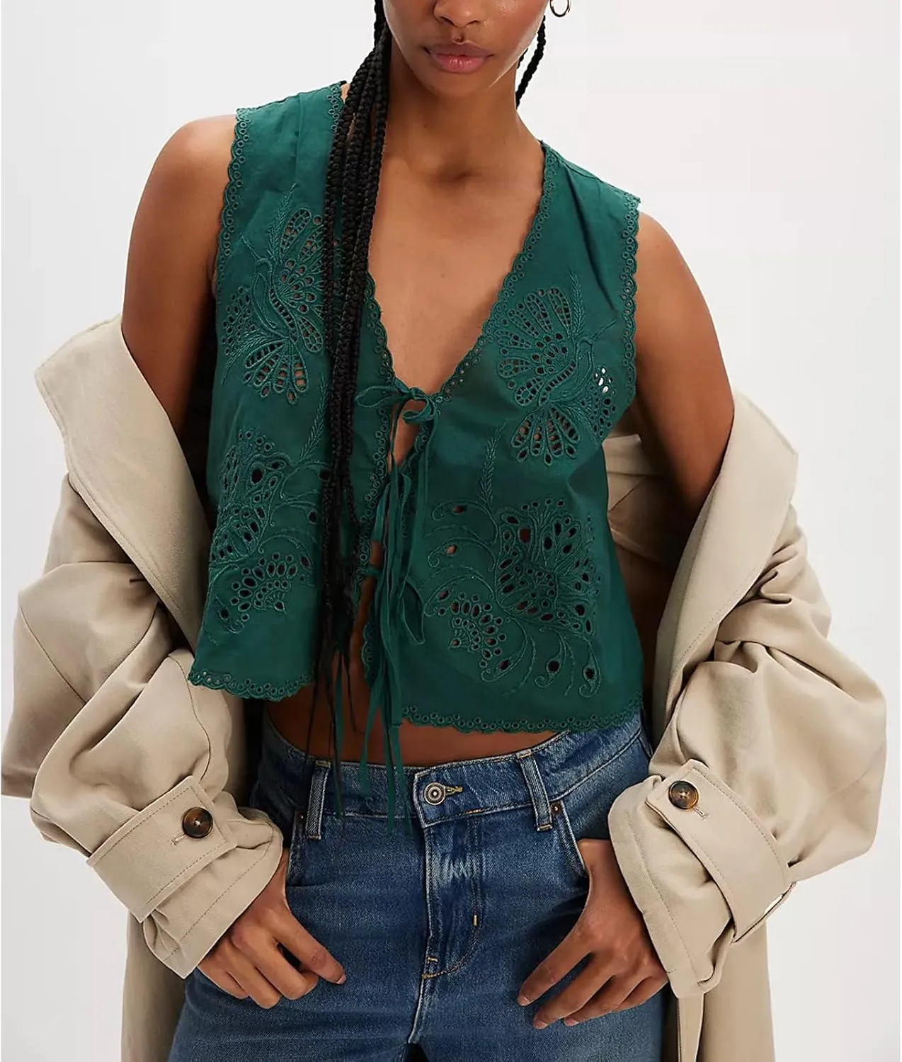 Women Y2k Embroidered Floral Front Tie Up Tank Vest Summer V Neck Cute Eyelet Going Out Crop Tops Blouse Shirts
