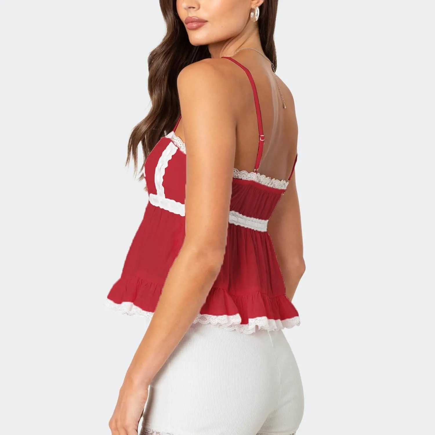 Women Y2k Lace Trim Spaghetti Strap Camisole Sleeveless V Neck Slim Fit Tie Front Backless Going Out Cami Tops