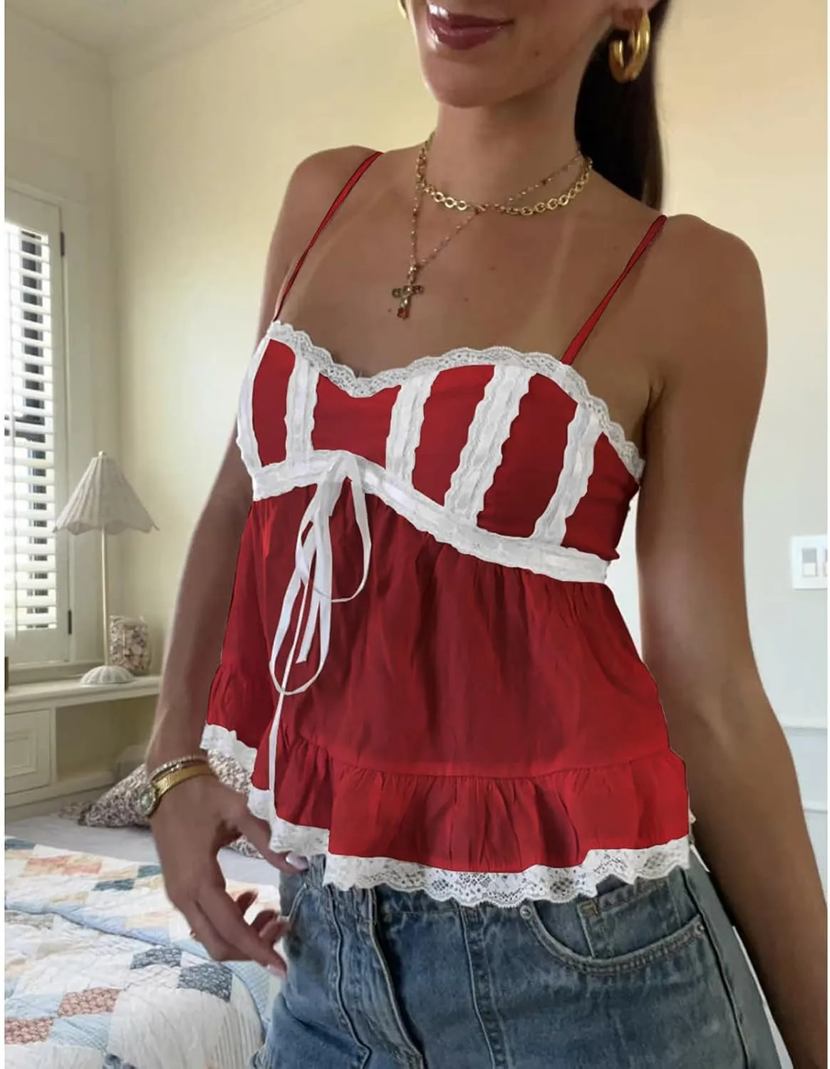 Women Y2k Lace Trim Spaghetti Strap Camisole Sleeveless V Neck Slim Fit Tie Front Backless Going Out Cami Tops
