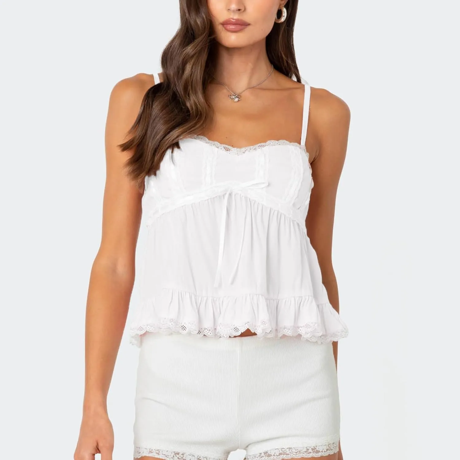Women Y2k Lace Trim Spaghetti Strap Camisole Sleeveless V Neck Slim Fit Tie Front Backless Going Out Cami Tops