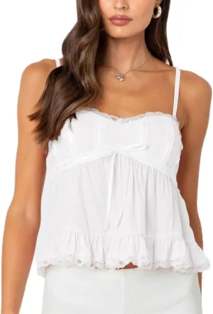 Women Y2k Lace Trim Spaghetti Strap Camisole Sleeveless V Neck Slim Fit Tie Front Backless Going Out Cami Tops
