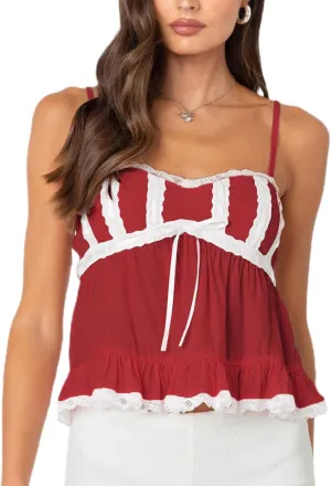 Women Y2k Lace Trim Spaghetti Strap Camisole Sleeveless V Neck Slim Fit Tie Front Backless Going Out Cami Tops