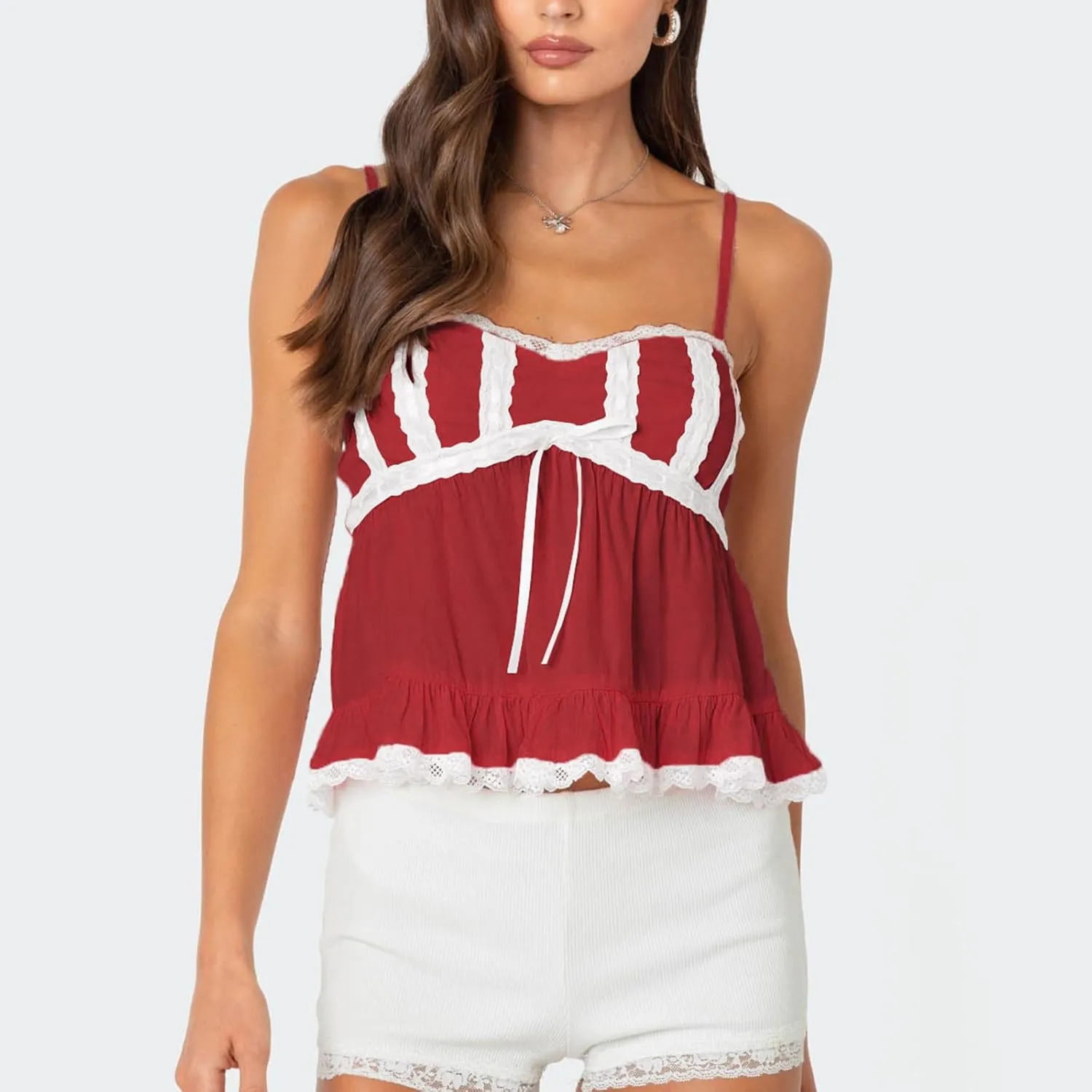 Women Y2k Lace Trim Spaghetti Strap Camisole Sleeveless V Neck Slim Fit Tie Front Backless Going Out Cami Tops