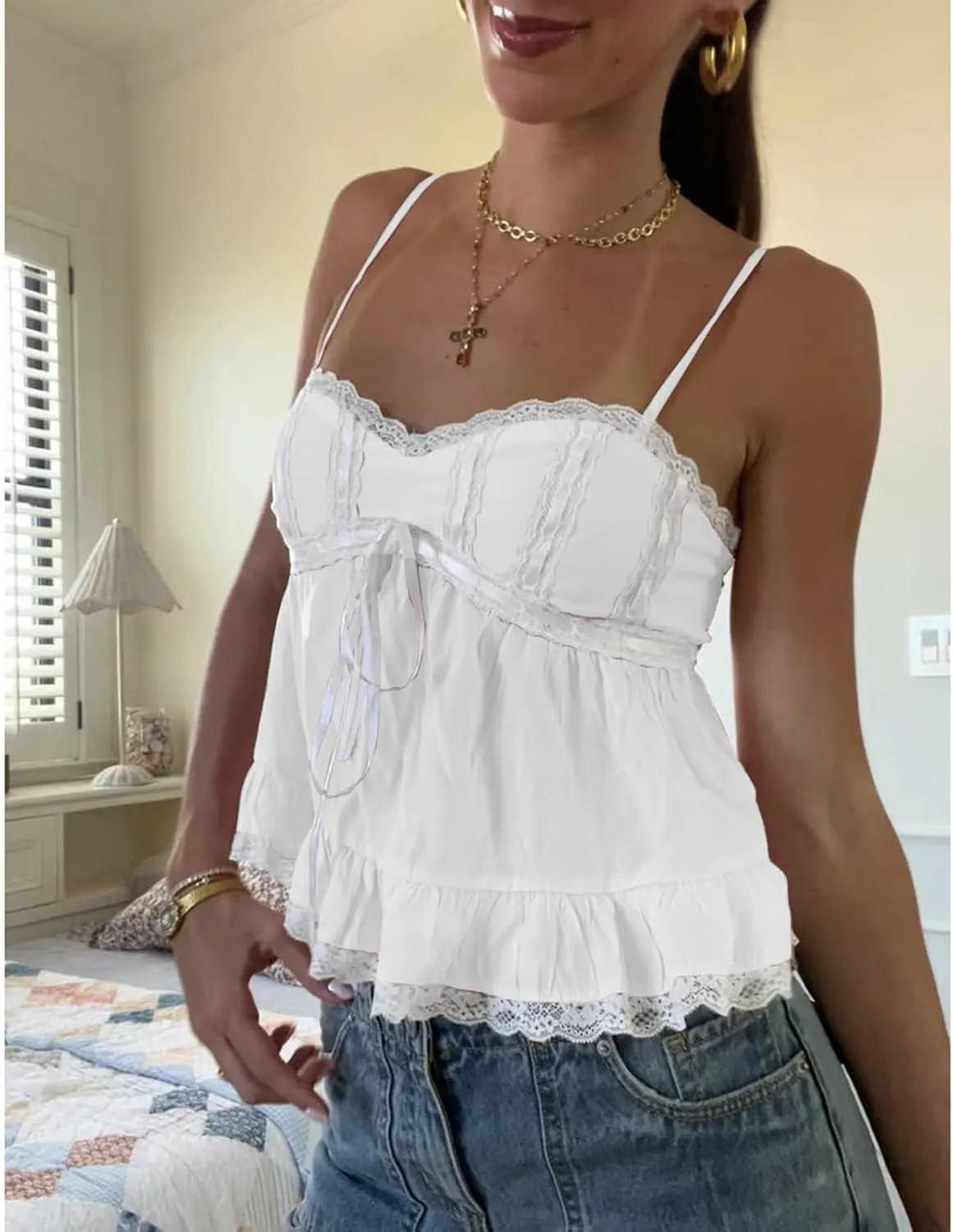 Women Y2k Lace Trim Spaghetti Strap Camisole Sleeveless V Neck Slim Fit Tie Front Backless Going Out Cami Tops