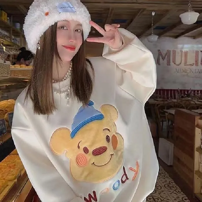 Women Y2k Long Sleeve Crewneck Sweatshirts Kawaii Bear Oversized Pullover Tops Cute Y2K Sweater Hoodies Streetwear