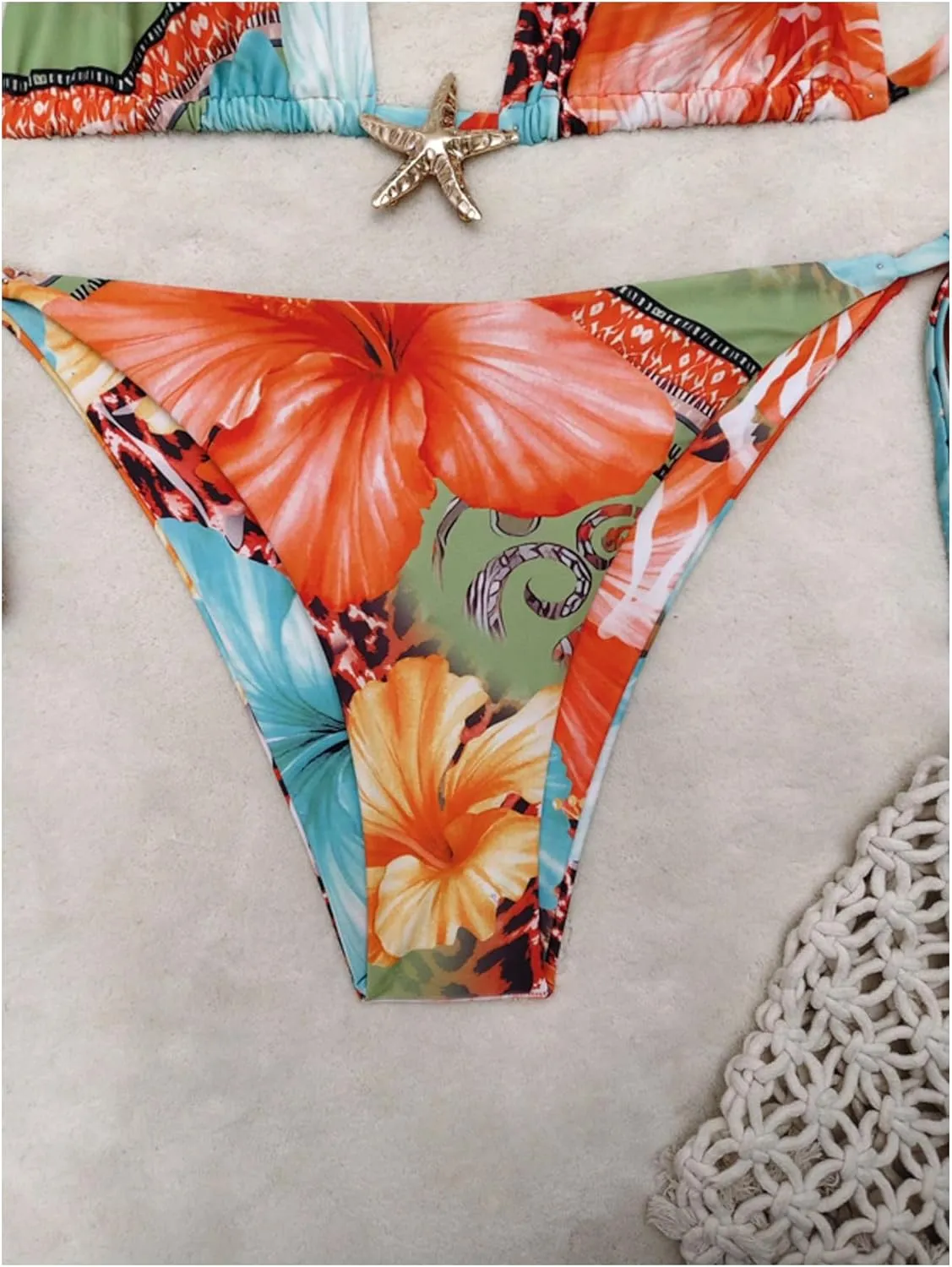 Women's 2 Piece Leopard Floral Bikini Sets Halter Triangle String Bathing Suit Starfish Metal Swimsuits