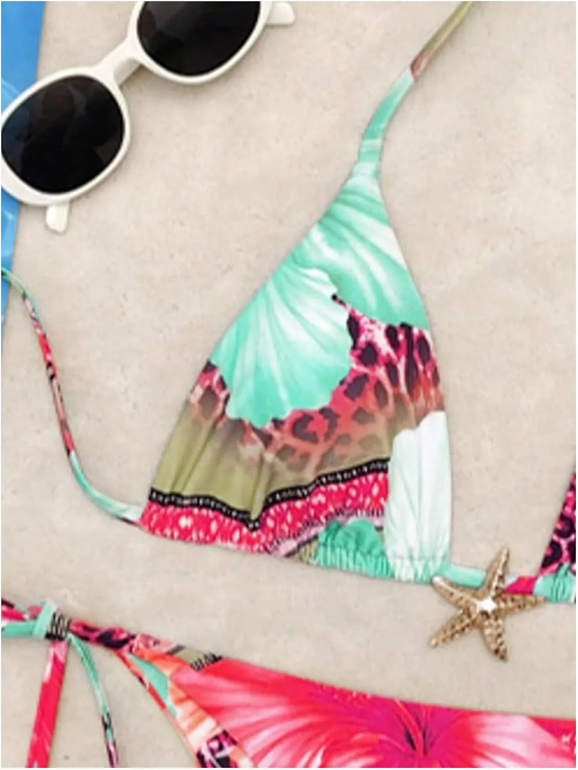 Women's 2 Piece Leopard Floral Bikini Sets Halter Triangle String Bathing Suit Starfish Metal Swimsuits