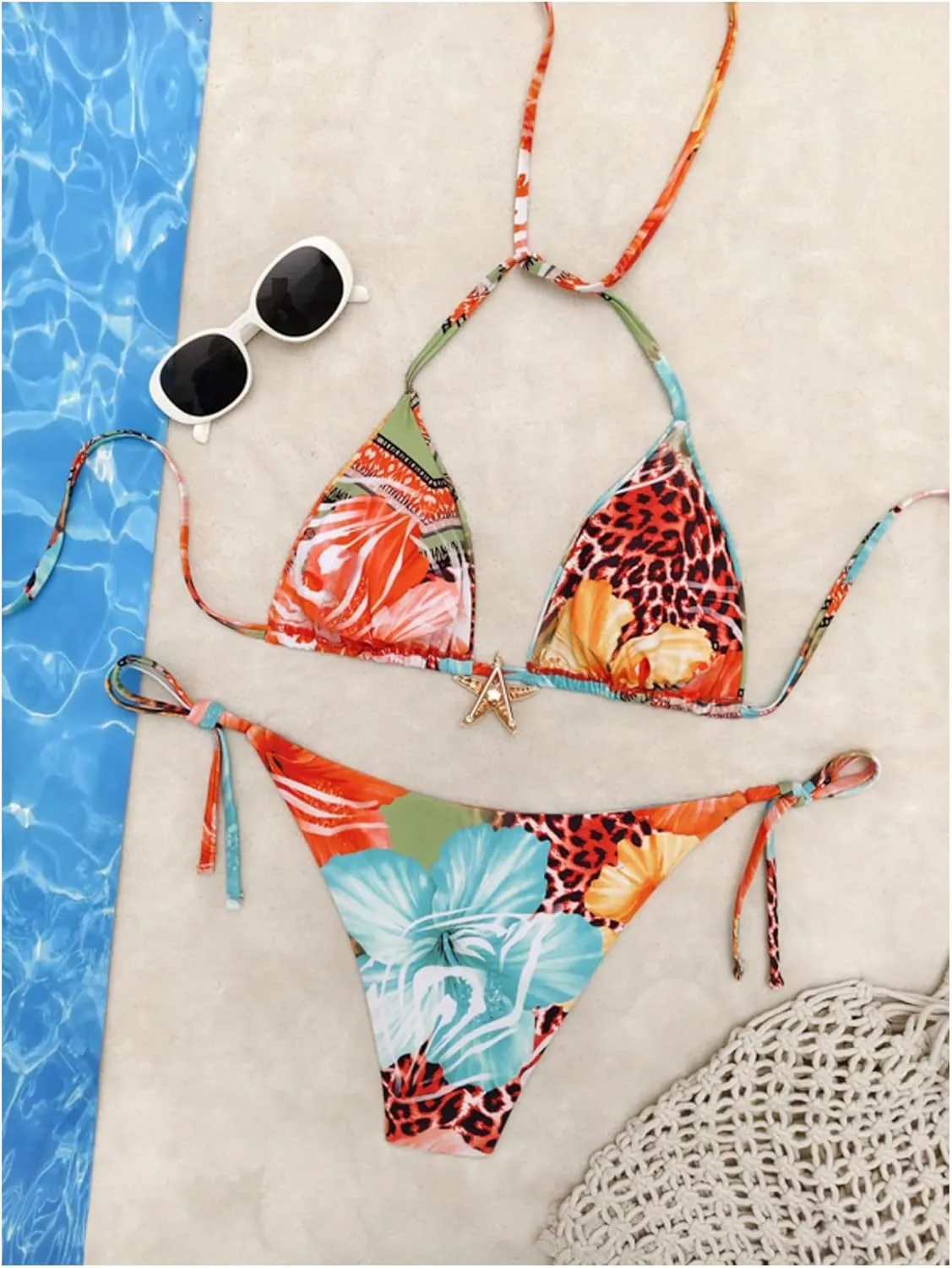 Women's 2 Piece Leopard Floral Bikini Sets Halter Triangle String Bathing Suit Starfish Metal Swimsuits