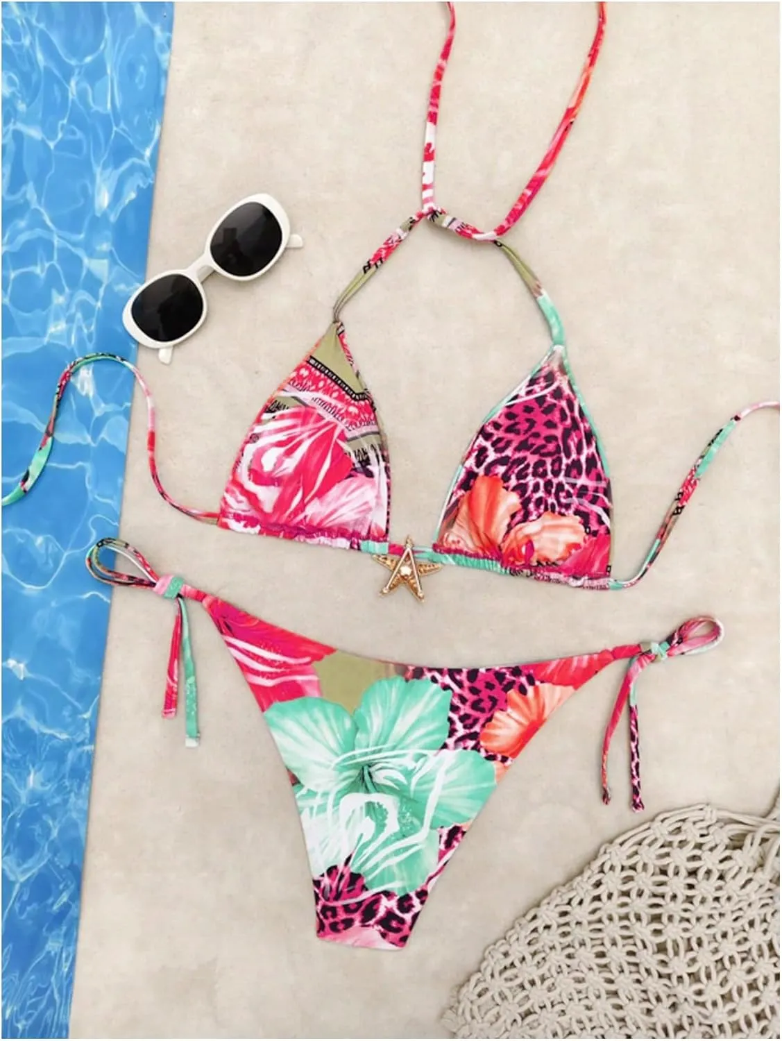 Women's 2 Piece Leopard Floral Bikini Sets Halter Triangle String Bathing Suit Starfish Metal Swimsuits