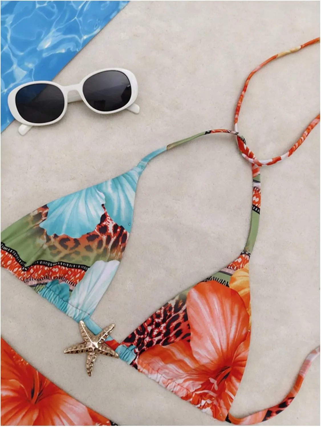 Women's 2 Piece Leopard Floral Bikini Sets Halter Triangle String Bathing Suit Starfish Metal Swimsuits