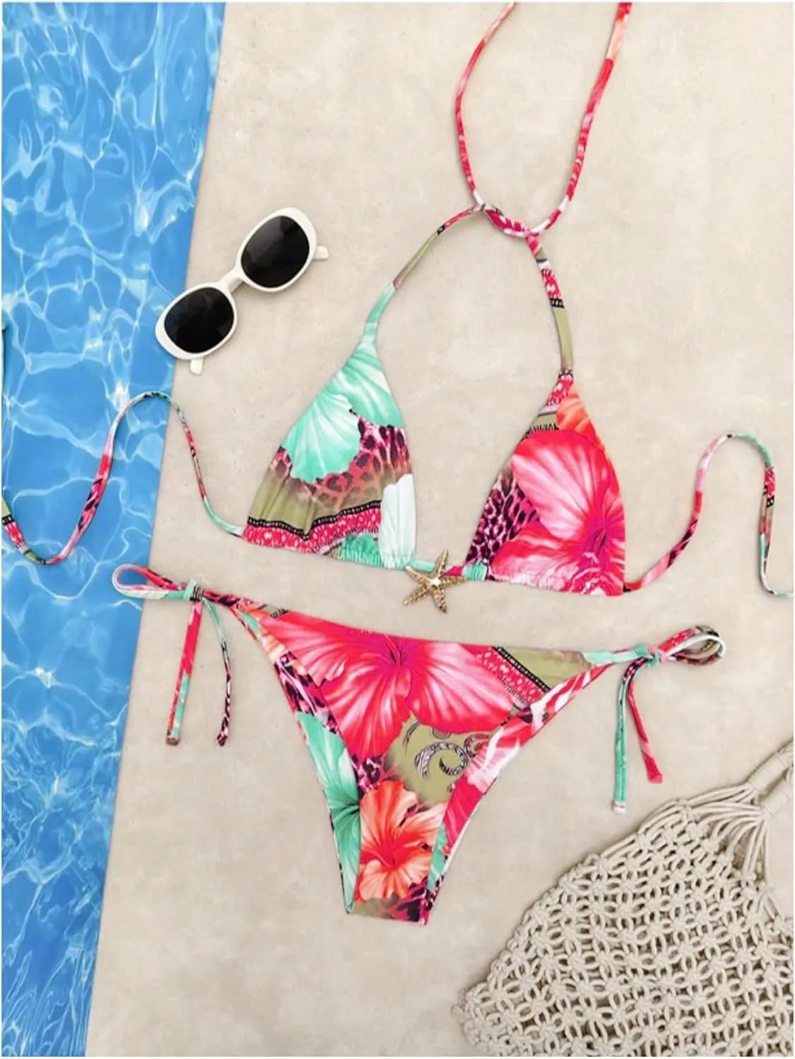 Women's 2 Piece Leopard Floral Bikini Sets Halter Triangle String Bathing Suit Starfish Metal Swimsuits