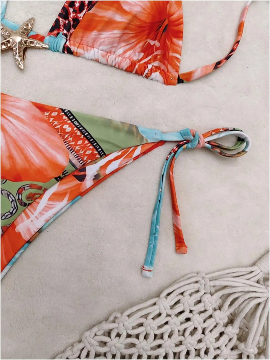 Women's 2 Piece Leopard Floral Bikini Sets Halter Triangle String Bathing Suit Starfish Metal Swimsuits