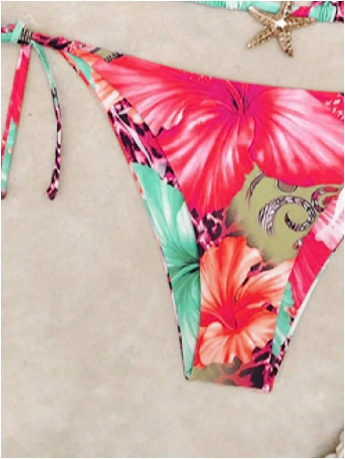 Women's 2 Piece Leopard Floral Bikini Sets Halter Triangle String Bathing Suit Starfish Metal Swimsuits