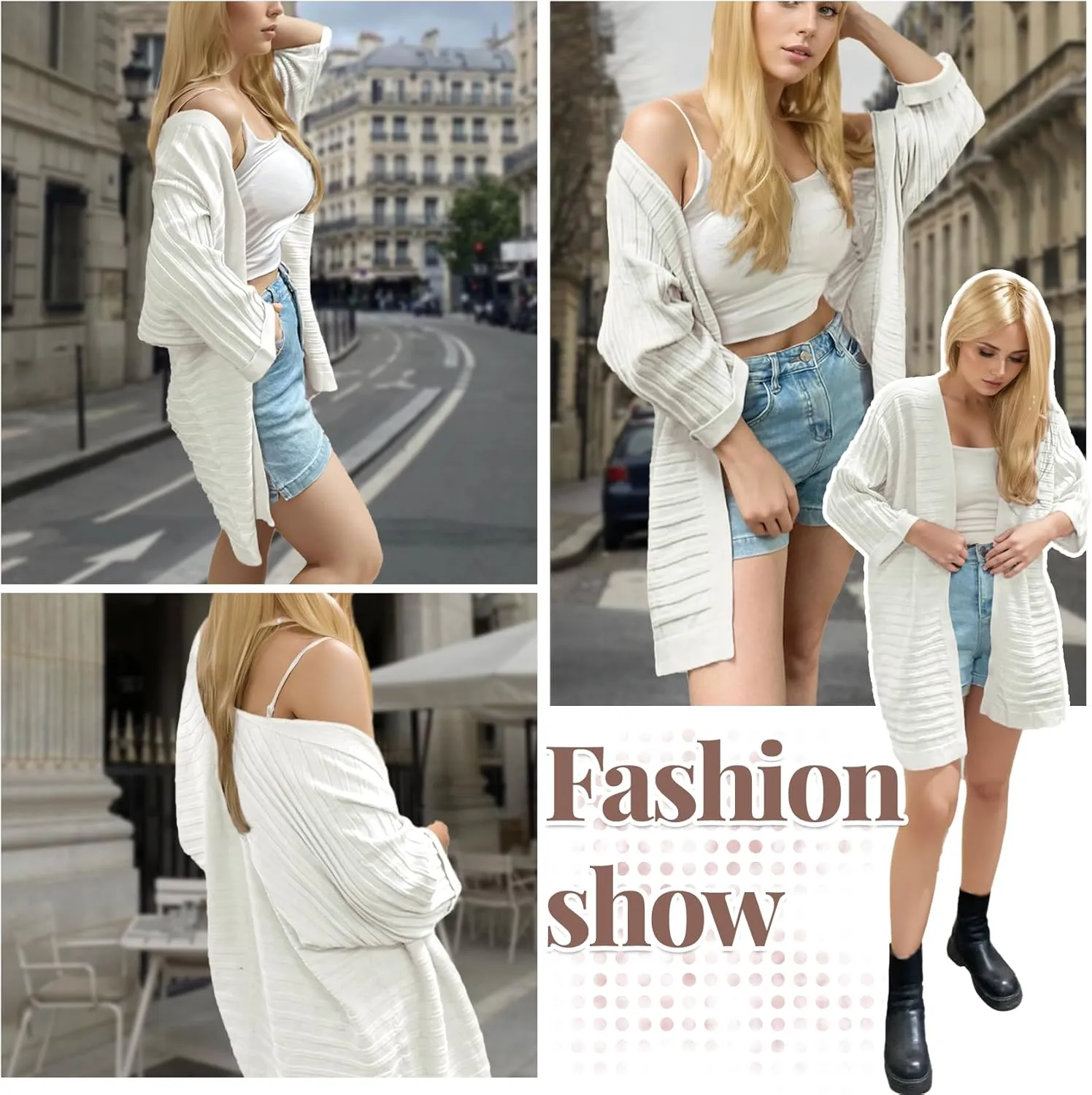Women's 3/4 Sleeve Open Front Long Cardigan Sweater Lightweight Knit Solid Color Tops