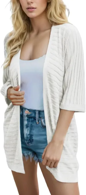 Women's 3/4 Sleeve Open Front Long Cardigan Sweater Lightweight Knit Solid Color Tops