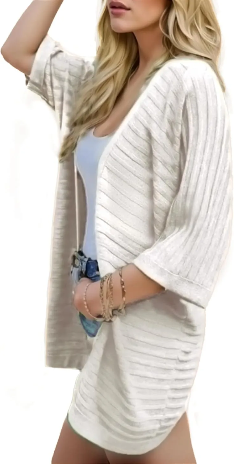 Women's 3/4 Sleeve Open Front Long Cardigan Sweater Lightweight Knit Solid Color Tops