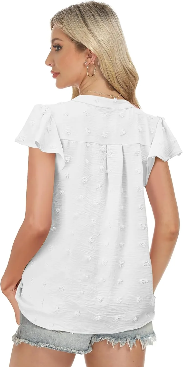 Womens Blouse V Neck Ruffle Short Sleeve Flowy Shirts Dressy Casual Cute Summer Tops Tunic Fashion Clothes