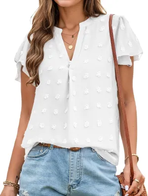 Womens Blouse V Neck Ruffle Short Sleeve Flowy Shirts Dressy Casual Cute Summer Tops Tunic Fashion Clothes
