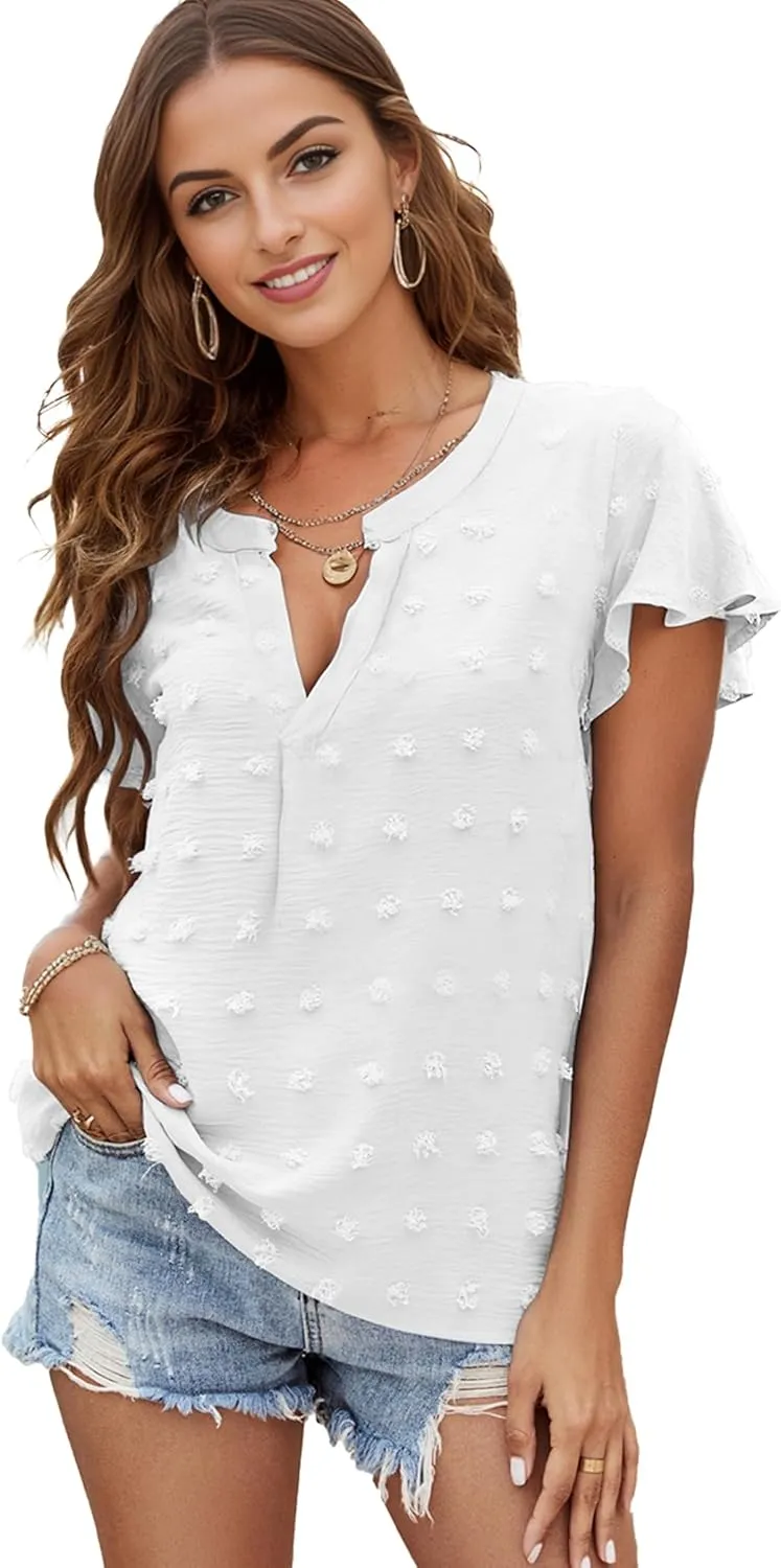 Womens Blouse V Neck Ruffle Short Sleeve Flowy Shirts Dressy Casual Cute Summer Tops Tunic Fashion Clothes
