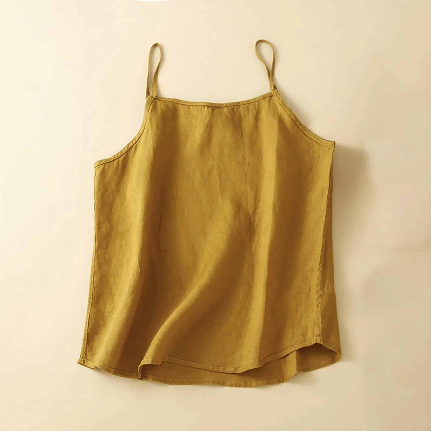 Womens Cotton Linen Tank Tops Spaghetti Strap Sleeveless Cami Shirts Summer Casual Loose Fit Solid Color Camisole