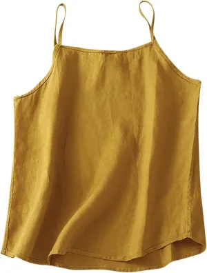 Womens Cotton Linen Tank Tops Spaghetti Strap Sleeveless Cami Shirts Summer Casual Loose Fit Solid Color Camisole