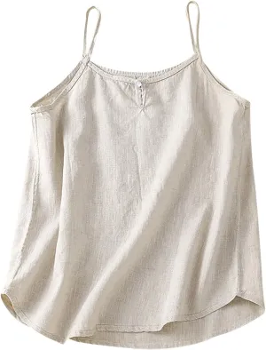 Womens Cotton Linen Tank Tops Spaghetti Strap Sleeveless Cami Shirts Summer Casual Loose Fit Solid Color Camisole