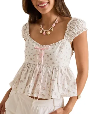 Womens Floral Babydoll Top Ribbon Front Smocked Back Cap Sleeves Tank Tops Cute Summer Going Out Tops for Teens