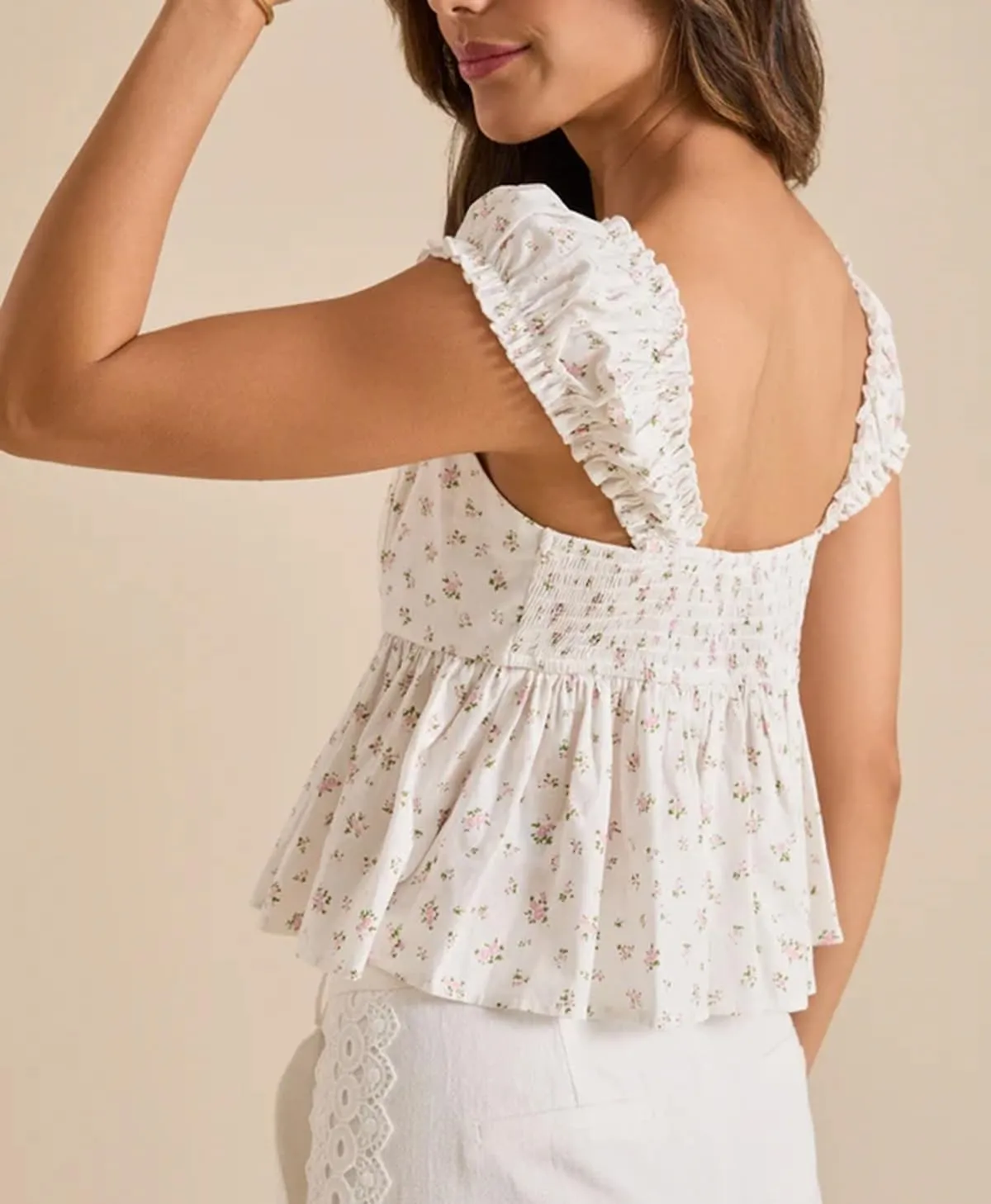 Womens Floral Babydoll Top Ribbon Front Smocked Back Cap Sleeves Tank Tops Cute Summer Going Out Tops for Teens